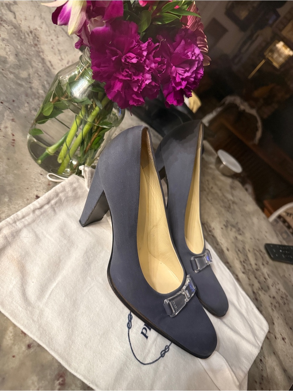 Prada Slate Po de Soie Satin Block-Heel Pumps - Picture 3 of 9